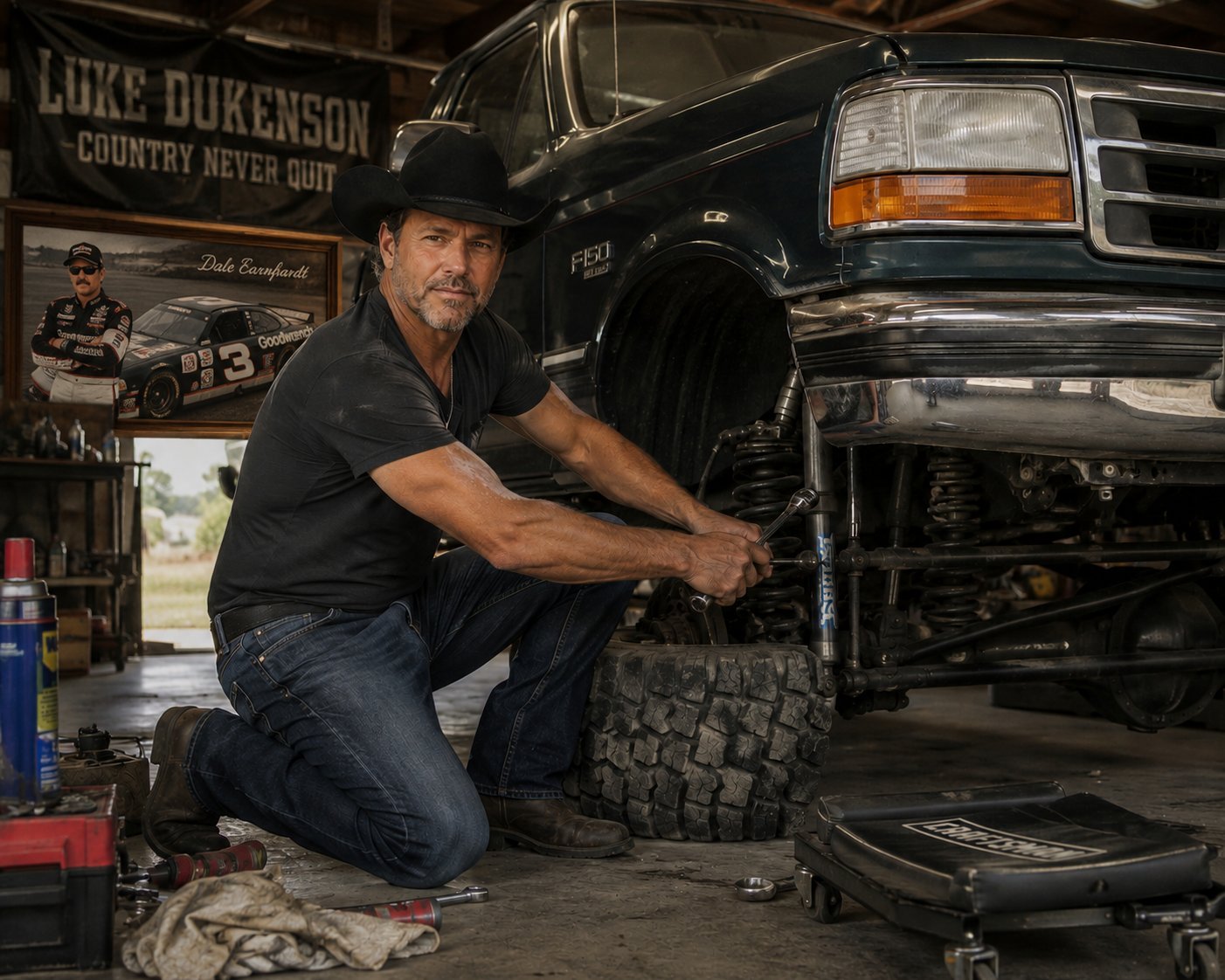 Luke Dukenson working on his F-150 in the garage